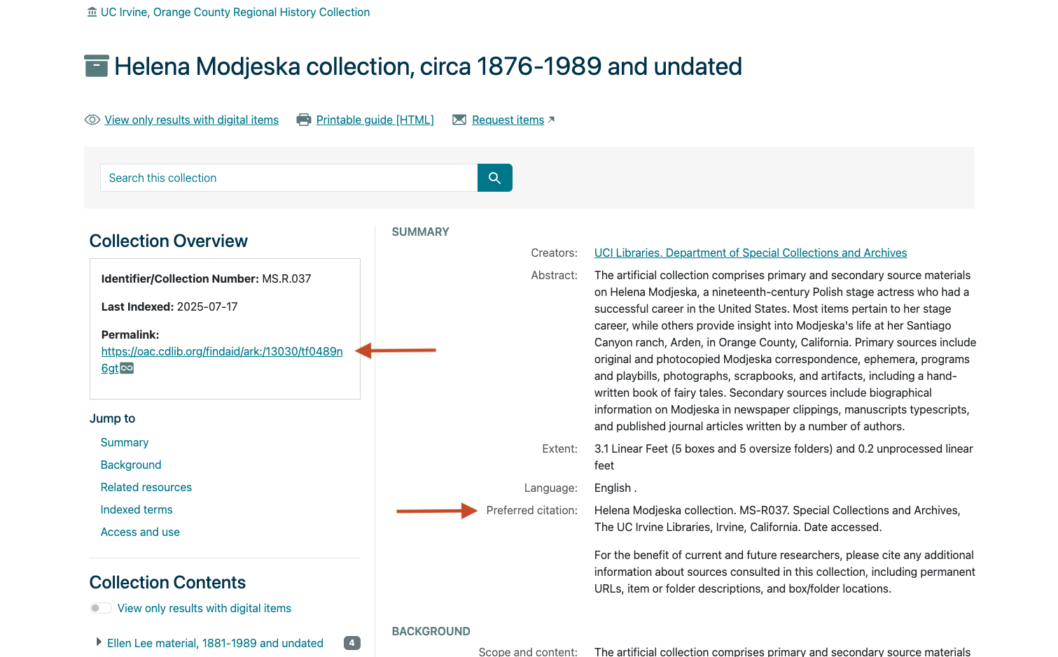 This image shows an example of a collection guide in OAC. There is an arrow on the left side of the image, pointing out a permalink URL. There is a second arrow on the right side of the image, pointing to a ‘Preferred citation’ descriptive information.